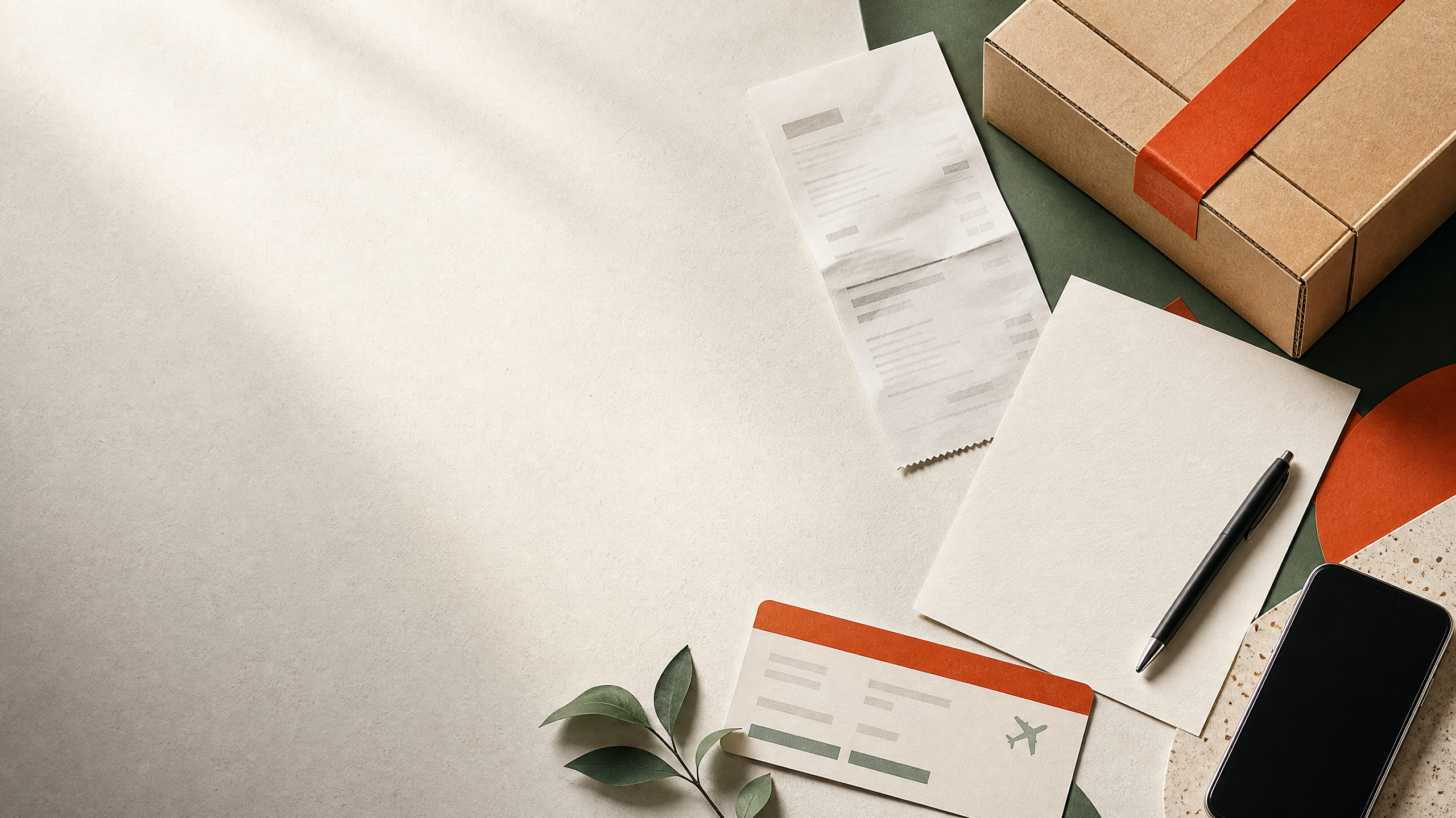 Documentos, embalagem e itens de consumo sobre uma mesa de papel